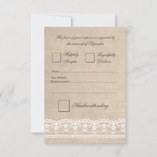 RSVP  Witte Kant & Burlap Wedding Kaart (Achterkant)