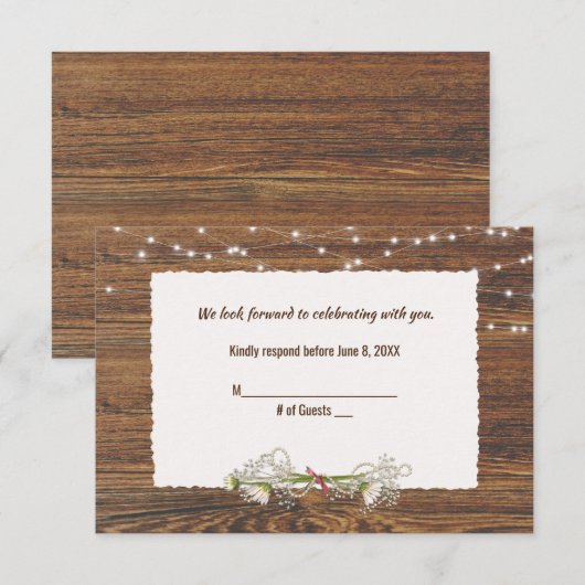 RSVP Wood en Light String Wedding RSVP Kaartje (Voorkant / Achterkant)