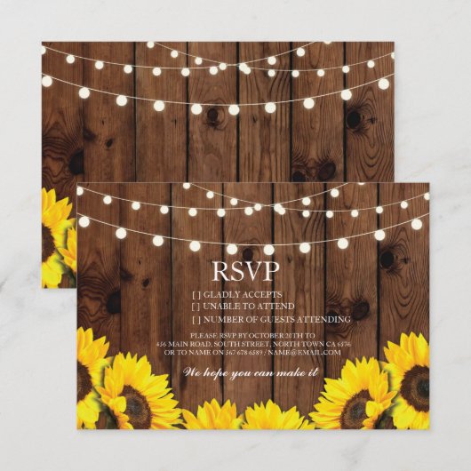 RSVP Wood Wedding Rustic Sunflower Cards (Voorkant / Achterkant)