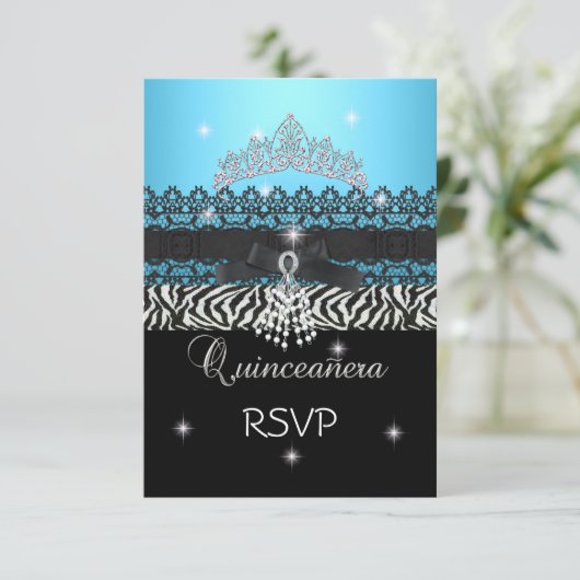 RSVP Zebra Quinceanera 15e Verjaardag Blauw Zwart (Staand voorkant)