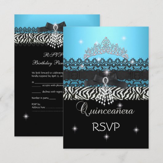 RSVP Zebra Quinceanera 15e Verjaardag Blauw Zwart (Voorkant / Achterkant)