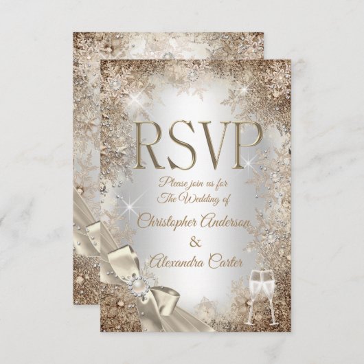 RSVP Zilver Beige Crème Parel Boog Sneeuwvlok 2 Kaart (Voorkant / Achterkant)