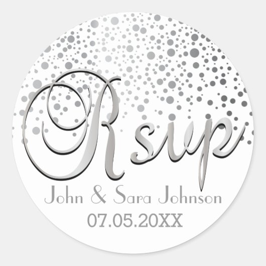 RSVP | Zilveren Confetti Stippen | personaliseren Ronde Sticker (Voorkant)