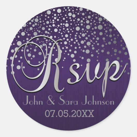 RSVP | Zilveren Stippen en Paarse | personaliseren Ronde Sticker (Voorkant)