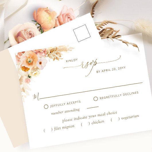 RSVP zonder maaltijden, peach en crème, goud Briefkaart