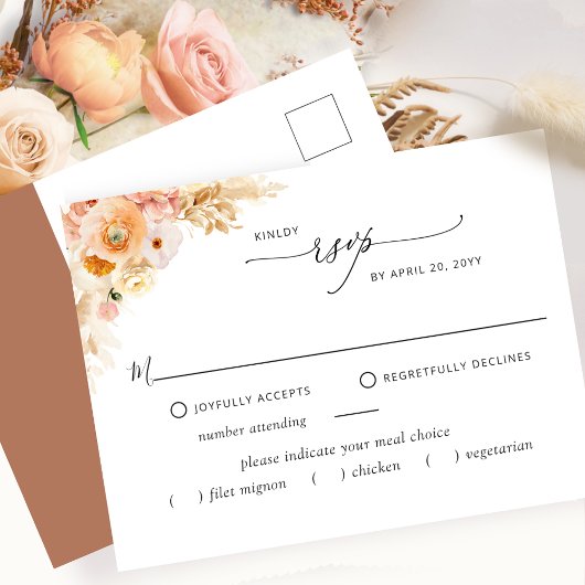 RSVP zonder maaltijden, peach en Terracotta Rust P Briefkaart