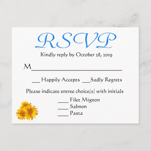 RSVP Zonnebloem Blauw & Geel Bloemen Huwelijk Uitnodiging Briefkaart (Voorkant)