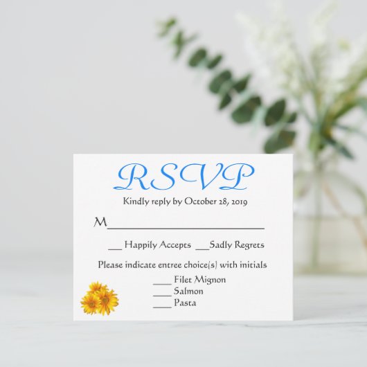 RSVP Zonnebloem Blauw & Geel Bloemen Huwelijk Uitnodiging Briefkaart (Staand voorkant)