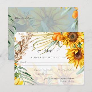 RSVP Zonnebloemen Pampagras Salie Bruiloft Briefkaart