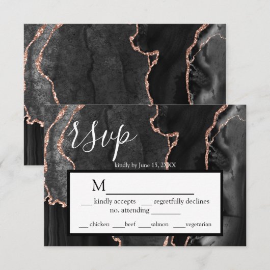 RSVP Zwart Agaat Roos Goud Glitter Response Kaart (Voorkant / Achterkant)