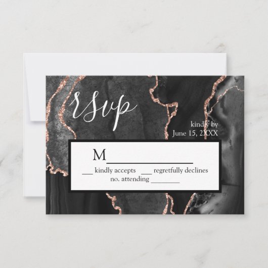 RSVP Zwart Agaat Roos Goud Glitter Response Kaart (Voorkant)