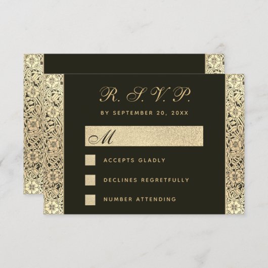 RSVP Zwart Goud Bruiloft  Elegant Bloemen (Voorkant / Achterkant)
