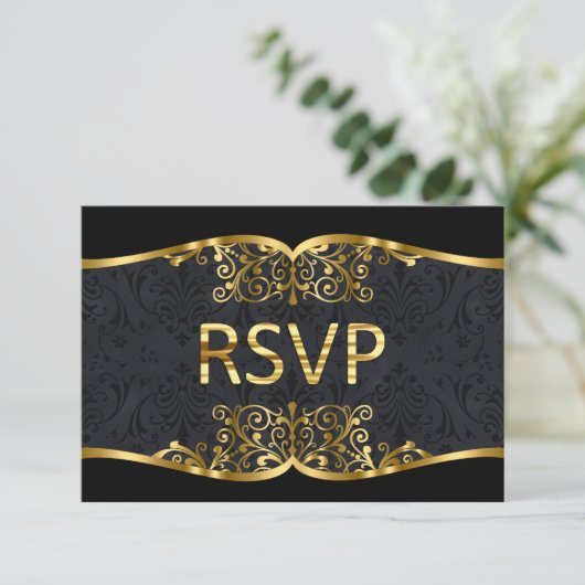 RSVP Zwart Gouden Damast Trouwuitnodiging