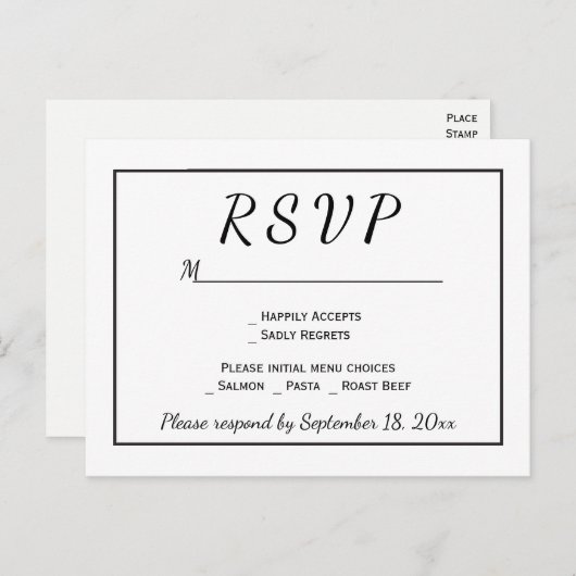 RSVP Zwart-Wit Minimalistische Trouwdag Uitnodiging Briefkaart (Voorkant / Achterkant)