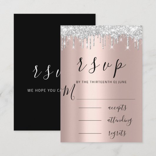 RSVP Zwart Witte Roos Zilveren Druppels Trouwen Kaartje (Voorkant / Achterkant)