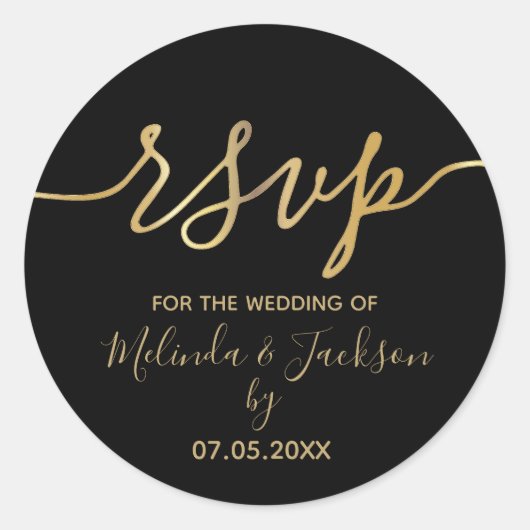 RSVP - Zwarte en Gouden Klassieke Ronde Sticker (Voorkant)