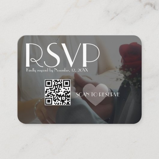 RSVP Zwarte Foto Hart QR Code Huwelijk Informatiekaartje (Voorkant)