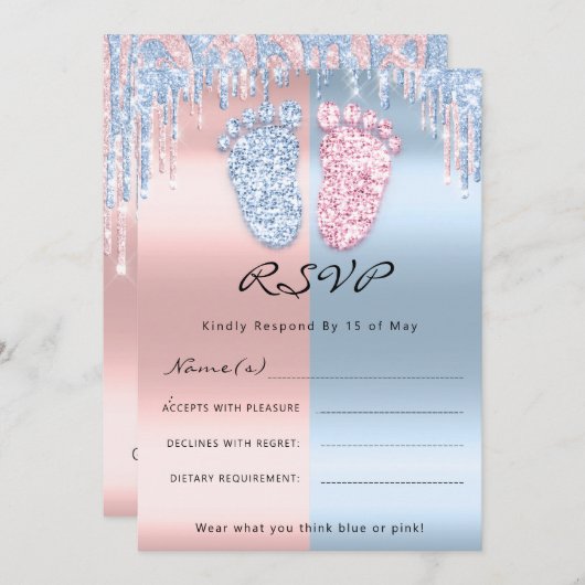 RSVPGender Reveal Feet Glitter Roze Blauw BabyTwin Kaart (Voorkant / Achterkant)