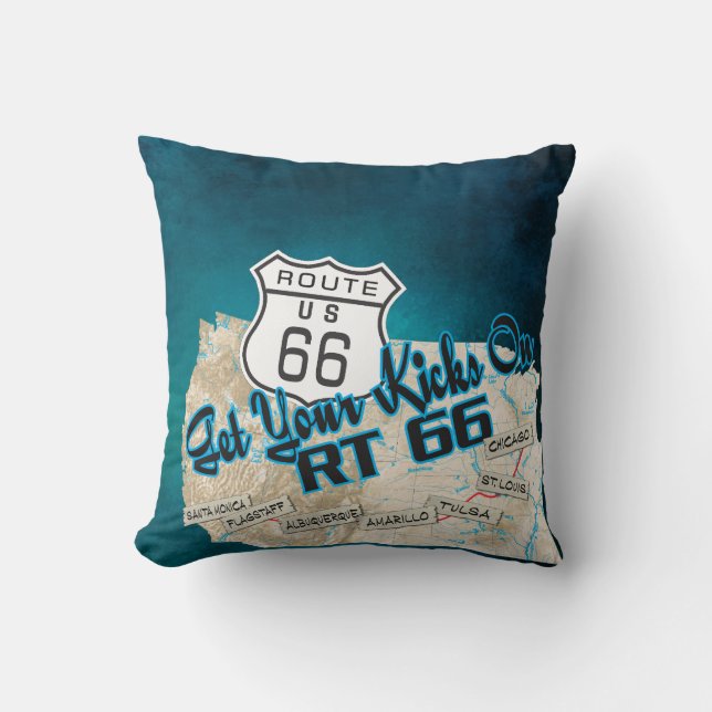 rt 66 kussen met "get your kicks" 26blauw (Voorkant)