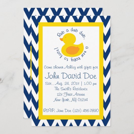 Rub-a-dub Baby shower Uitnodiging - Blauw (Voorkant / Achterkant)