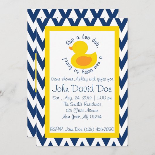 Rub-a-dub Baby shower Uitnodiging - Blauw (Voorkant / Achterkant)