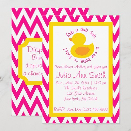 Rub-a-dub Baby shower Uitnodiging - Roze (Voorkant / Achterkant)