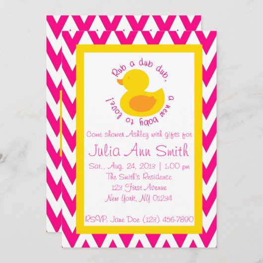 Rub-a-dub Baby shower Uitnodiging - Roze (Voorkant / Achterkant)