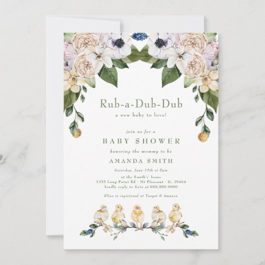 Rub-A-Dub-Dub Yellow Duck Floral Baby shower Kaart (Voorkant)