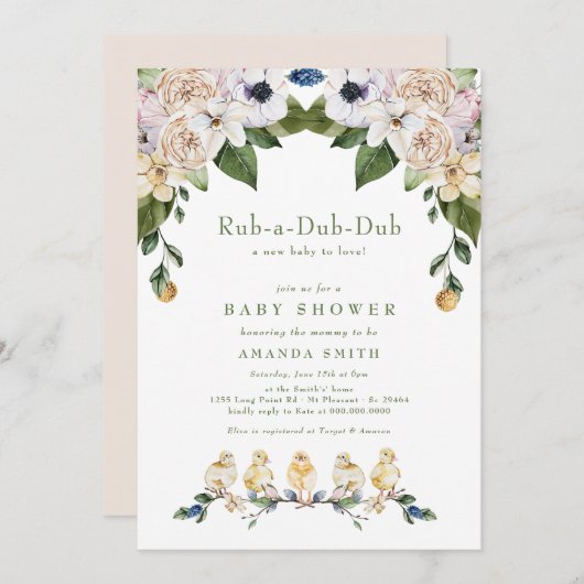 Rub-A-Dub-Dub Yellow Duck Floral Baby shower Kaart (Voorkant / Achterkant)