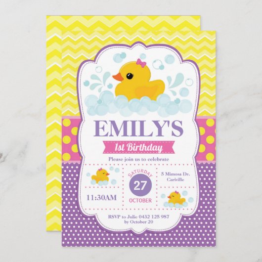 Rubber Duck 1e verjaardag uitnodiging meisje (Voorkant / Achterkant)