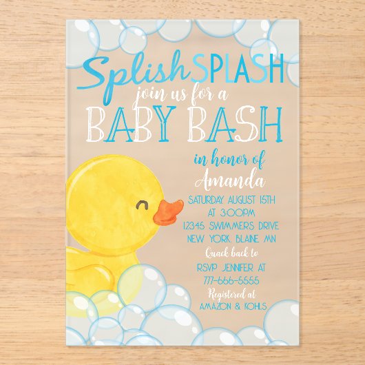 Rubber Duck Baby shower Frosted Acryl Uitnodiging (Voorkant)