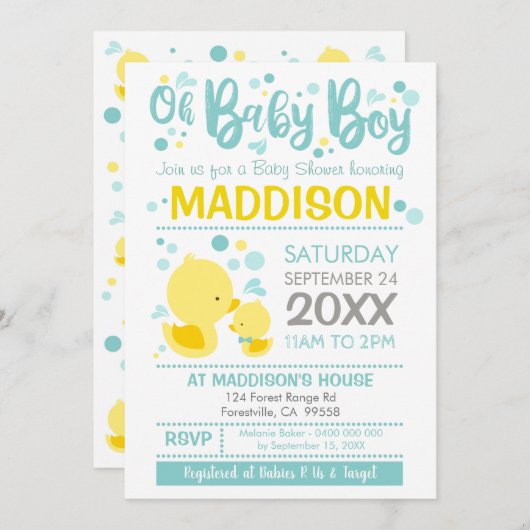 Rubber Duck Baby shower Invitation Ducky Boy Kaart (Voorkant / Achterkant)