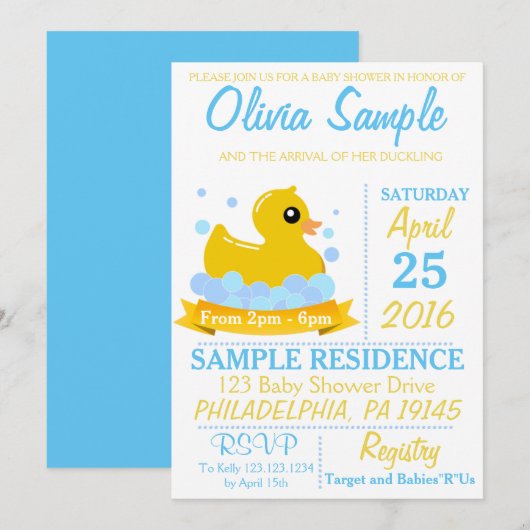 Rubber Duck Baby shower Invitation Kaart (Voorkant / Achterkant)
