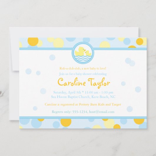 Rubber Duck Baby Shower Invitations Blue & Yellow Kaart (Voorkant)