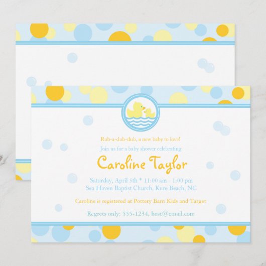 Rubber Duck Baby Shower Invitations Blue & Yellow Kaart (Voorkant / Achterkant)