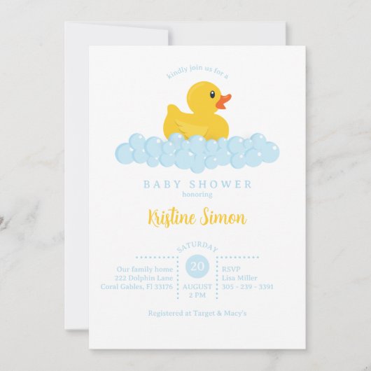 Rubber Duck Baby shower Uitnodiging – Blue Bubbles (Voorkant)