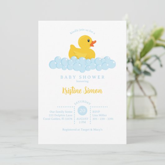 Rubber Duck Baby shower Uitnodiging – Blue Bubbles (Staand voorkant)
