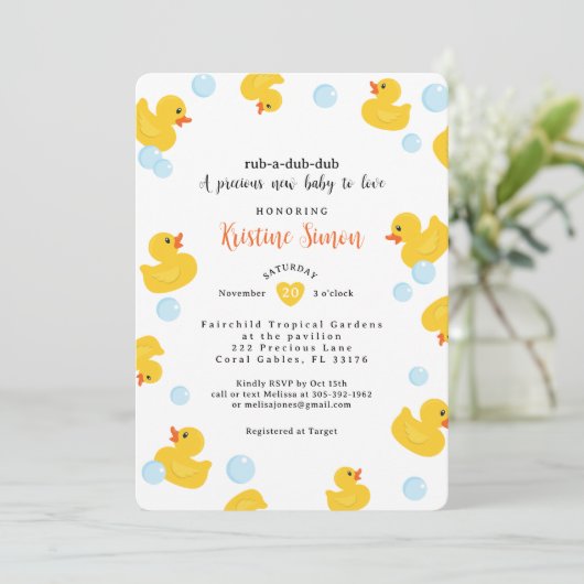 Rubber Duck Baby shower uitnodiging | Gele eend & (Staand voorkant)