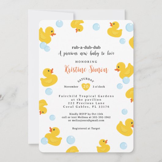 Rubber Duck Baby shower uitnodiging | Gele eend & (Voorkant)