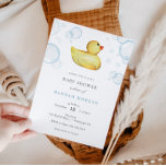 Rubber Duck Baby shower-uitnodiging Kaart<br><div class="desc">Uitnodiging tot baby shower met waterverf Rubbereend en badblaasjes. Pas het lettertype,  de grootte en de kleur aan met uw informatie aan of klik op "klik om verder aan te passen" om het lettertype,  de tekengrootte en de kleur aan te passen.</div>