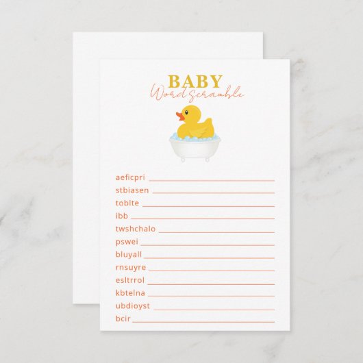 Rubber Duck Baby shower Word Scramble spel – Yello Informatiekaartje (Voorkant / Achterkant)