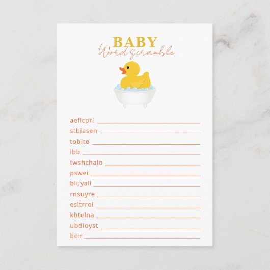 Rubber Duck Baby shower Word Scramble spel – Yello Informatiekaartje (Voorkant)