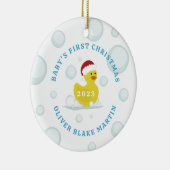 Rubber Duck Baby's Eerste Kerstmis Foto Blauw Keramisch Ornament (Rechts)