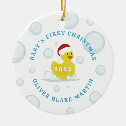 Rubber Duck Baby's Eerste Kerstmis Foto Blauw Keramisch Ornament (Voorkant)