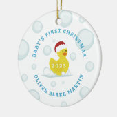 Rubber Duck Baby's Eerste Kerstmis Foto Blauw Keramisch Ornament (Links)