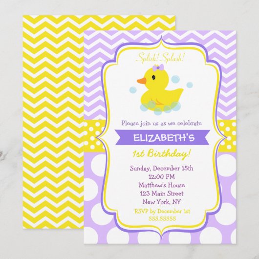 Rubber Duck Birthday Party Invitations girl Kaart (Voorkant / Achterkant)