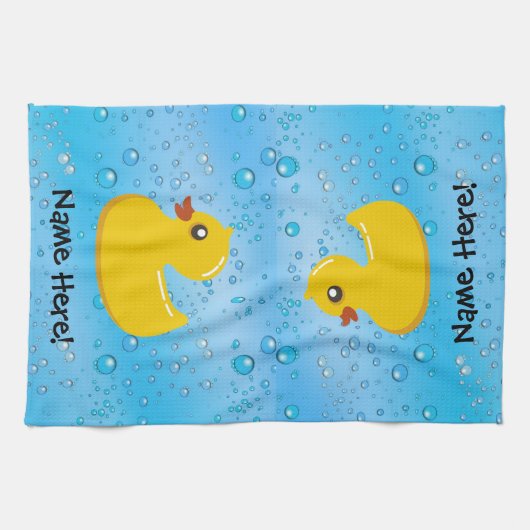 Rubber Duck Blue Bubbles Personalized Kids Theedoek (Horizontaal)
