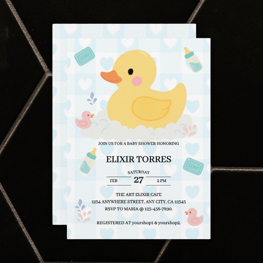 Rubber Duck Blue Hearts Baby shower Kaart