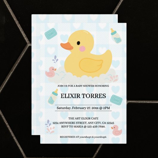 Rubber Duck Blue Hearts Baby shower Kaart