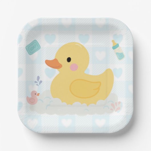 Rubber Duck Blue Hearts Baby shower Papieren Bordje (Voorkant)